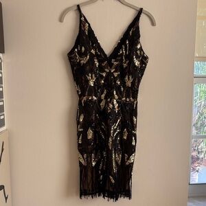 Dress the Population Black Mini Dress with Gold Sequin Embellishment